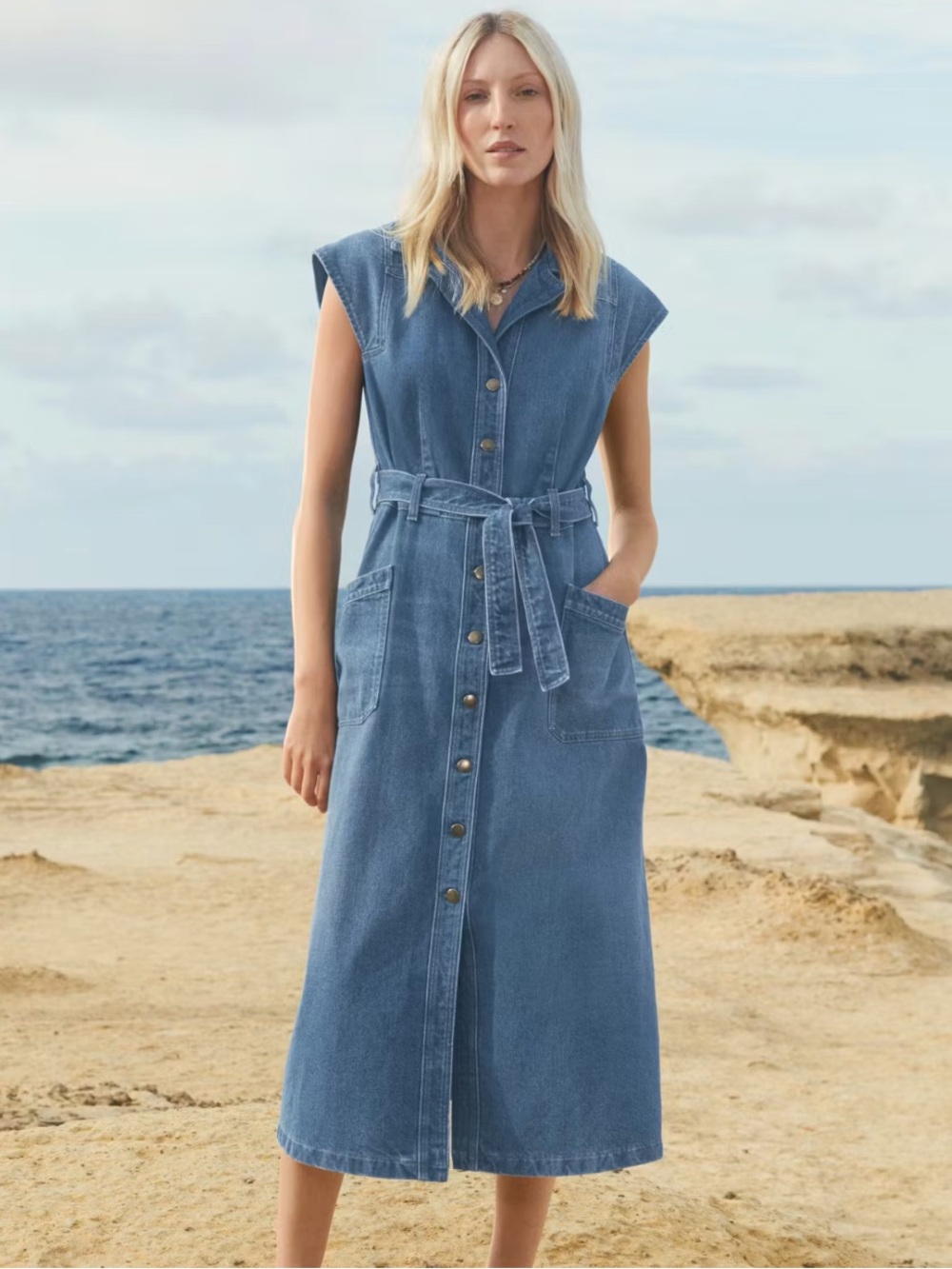 Wrap London Sleeveless Belted Denim Button Front Midi Dress size 4